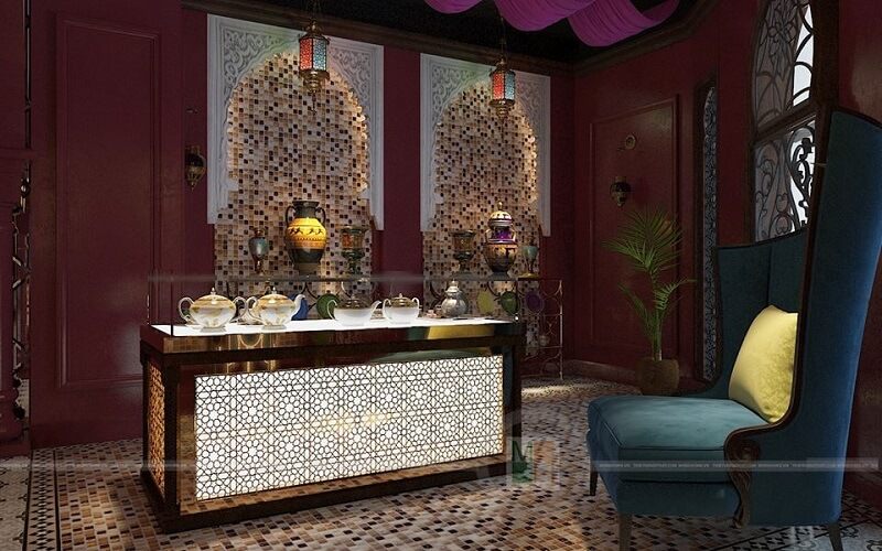 Làm cho không gian phòng thư giãn của bạn trở nên ấn tượng bằng cách trang trí nội thất với tông màu chủ đạo là màu mận tím theo phong cách Ấn Độ và thưởng thức trà.